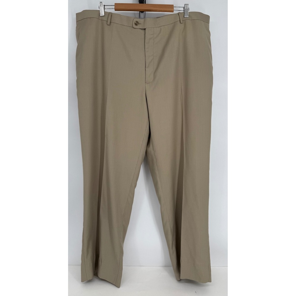 Lineage Mens 49R Dress Pants Tan Beige Pinstripe Flat Front Trousers 41x29